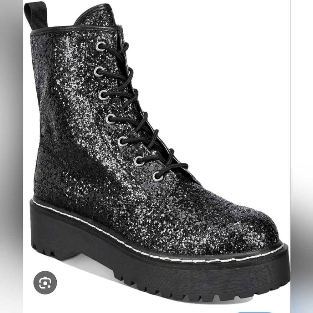 WILD PAIR RIZO 2 BLACK GLITTER COMBAT BOOTS  LUG SOLE LACE UP SIZE 7M NEW